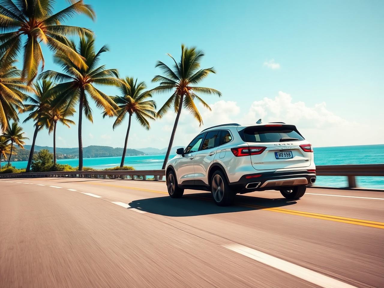 A white SUV driving along a coastal road in Phuket